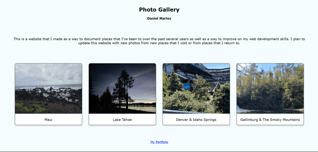 Screenshot of home page of Vacation Photo Gallery website